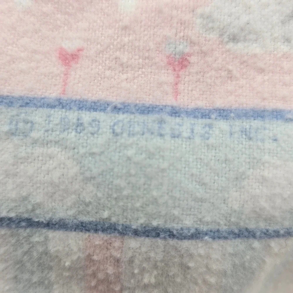 Vintage 1989 Genesis Inc Baby Blanket Pink Blue Stripe Bunny Heart Flannel 34x38